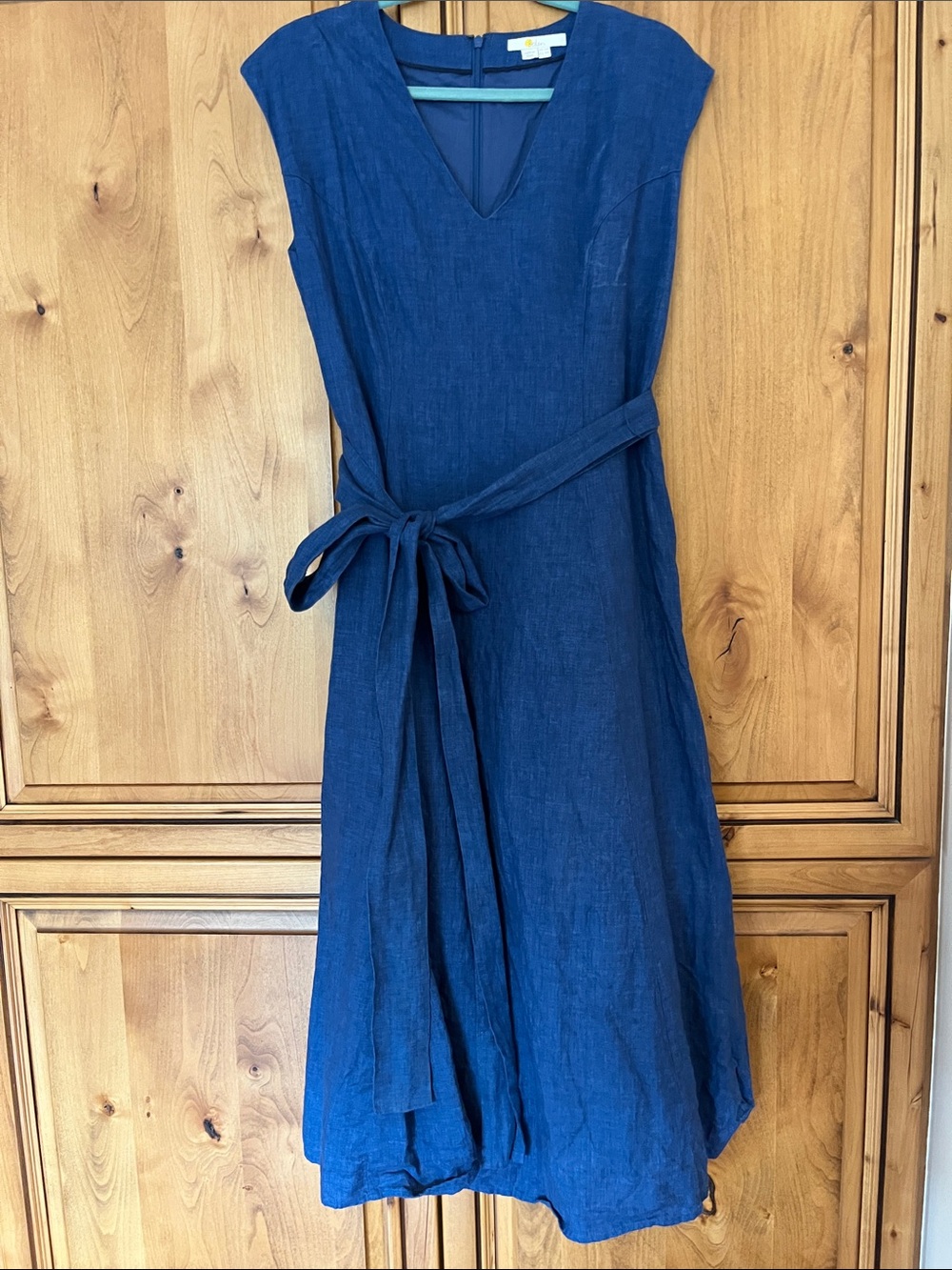 Boden Deep Blue Linen Tie-Waist Midi Dress